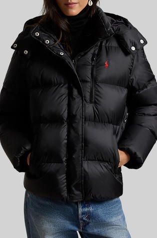 Quilted water-resistant down jacket with hood