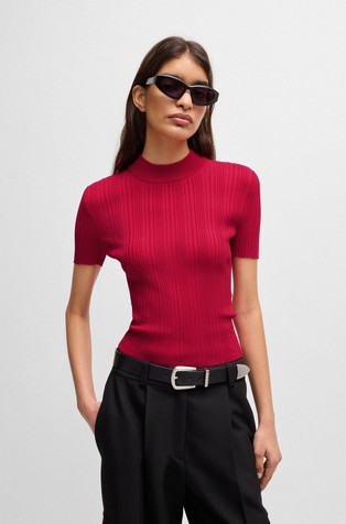 Mock-neck knit t-shirt with irregular ribbing