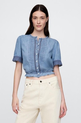 Ženska cropped denim bluza s čipko