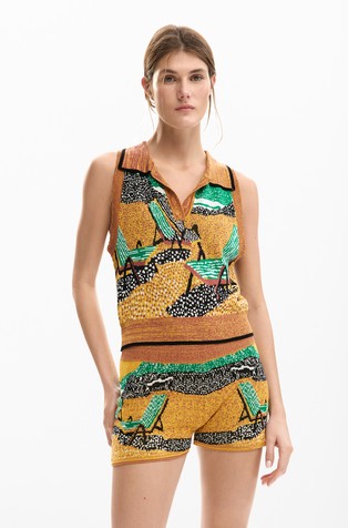 Pletena žakarska polo majica brez rokavov