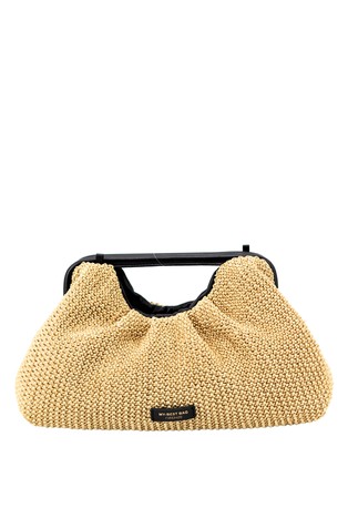 Prepletena torbica iz materiala v videzu rafije in usnja