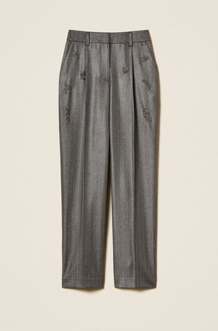 Pinstriped shimmering palazzo trousers with embroidery