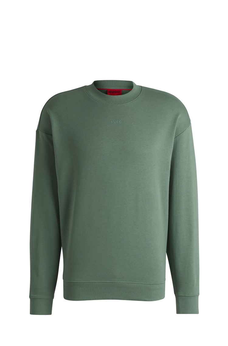 HUGO BOSS Bombažen pulover s frotirano notranjostjo in logo potiskom Zelena - Green 