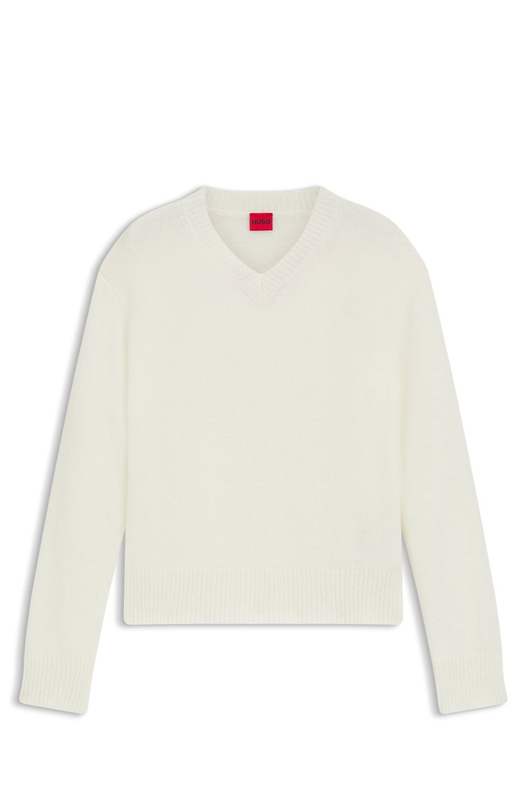 HUGO BOSS Pleten pulover iz volnene mešanice z logotipom na hrbtu Bela - Natural 