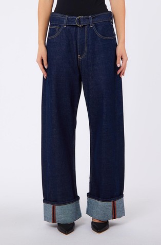 Flared jeans with belt and turn-ups