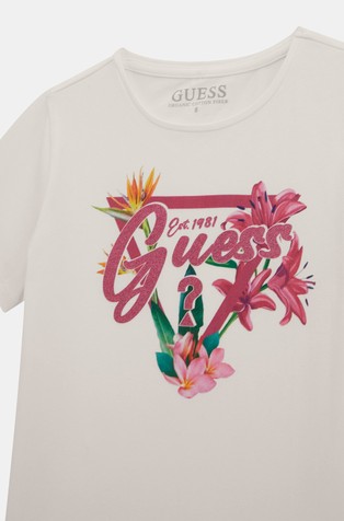 GUESS Majica s kratkimi rokavi in cvetličnim triangel logotipom Bela - Pure White 3