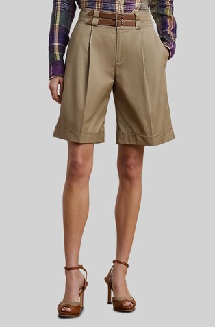 Buckle-trim Pleated Cotton Twill Bermudas