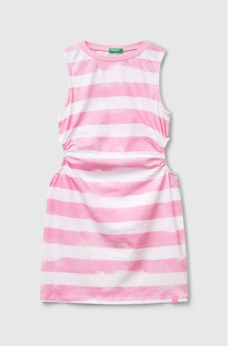 BENETTON Črtasta bombažna obleka z izrezanima detajloma Roza - Pink / White 