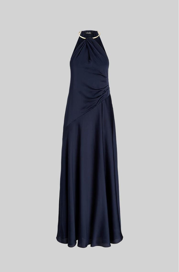 RALPH LAUREN Satenasta večerna obleka brez rokavov Modra - Lauren Navy 