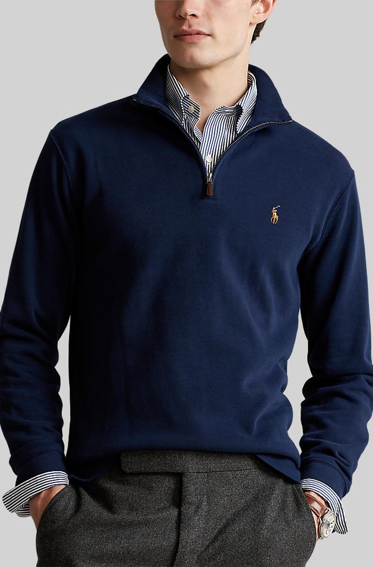 RALPH LAUREN Pleten bombažen pulover z delno zadrgo Modra - Blue 