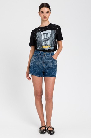 T-shirt with print and rhinestones