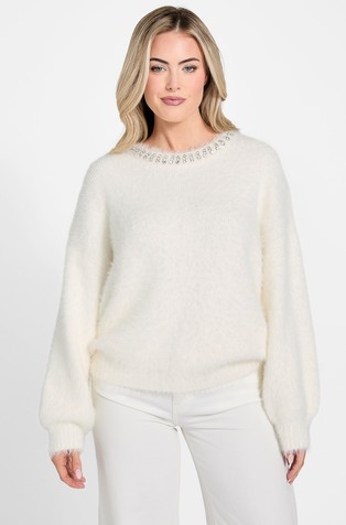 Pleten pulover z okrasnimi kamenčki okoli ovratnika