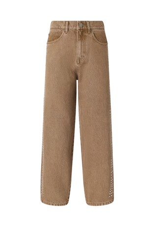 Jeans hlače s širokimi hlačnicami in dekorativnimi neti