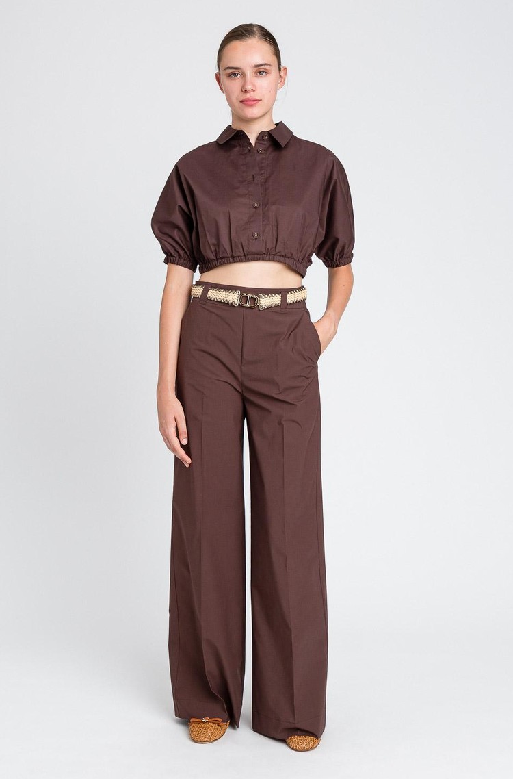 TWINSET Palazzo trousers in cotton with raffia belt Coffee 