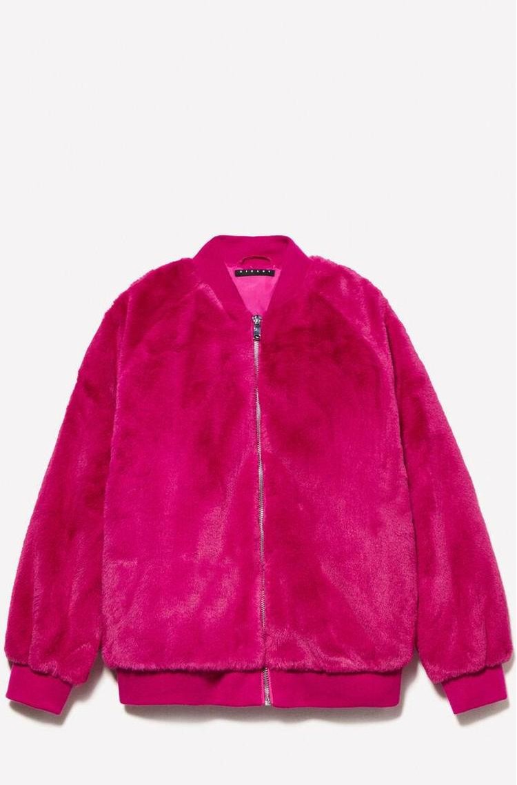 SISLEY Kosmatena bomber jakna z našitkom zadaj Roza - Fuchsia 