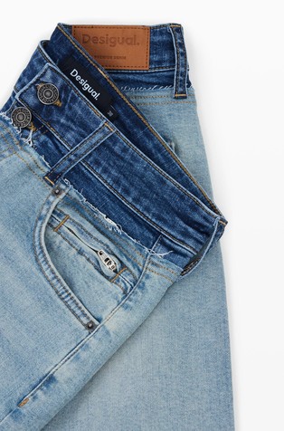 DESIGUAL Ravne jeans hlače z navideznim dvojnim pasom Modra - Blue 7