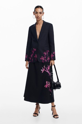 DESIGUAL Midi krilo z motivom orhideje Črna - Black / Multi 4
