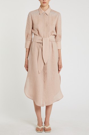 Lanena srajčna obleka z okrasnimi kamenčki