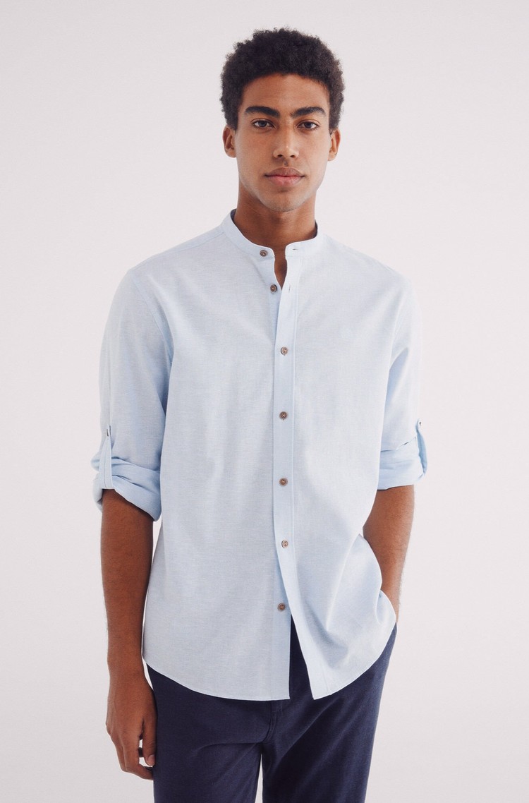 SPRINGFIELD Linen blend shirt with Mandarin collar Light Blue 