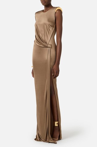 Dolga večerna obleka iz svetlečega viskoznega jerseya
