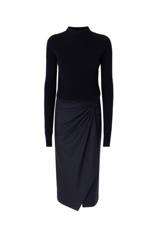 Knit midi dress with pinstriped skirt
