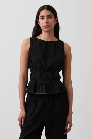 Ženska bluza brez rokavov z zmečkanim videzom in peplum naborkom