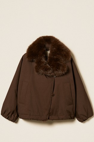 Gabardine jacket with faux fur collar