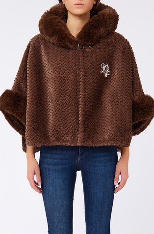 Textured poncho with hood and faux-fur trims