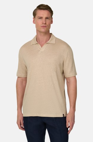 Short-sleeved polo shirt in stretch linen jersey