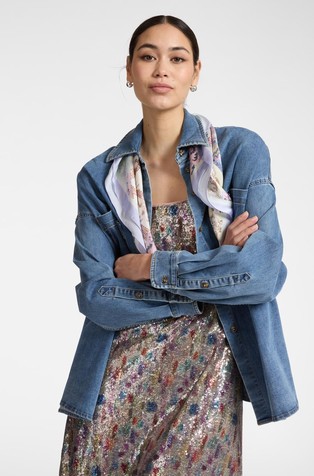 Denim oversized shirt with detachable scarf