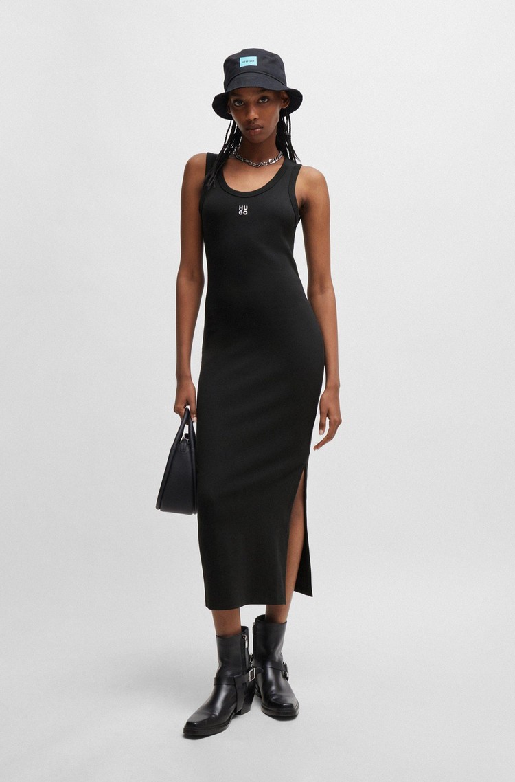 HUGO BOSS Long-lenght dress in stretch jersey with stacked logo Black 