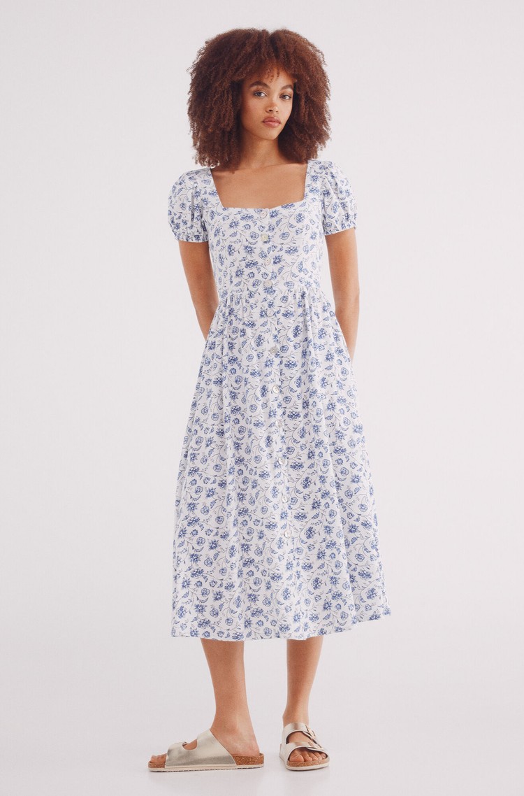 SPRINGFIELD Viscose and linen blend cross-back midi dress White / Blue 