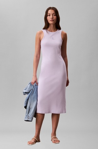 Slim fit rebrasta bombažna obleka brez rokavov