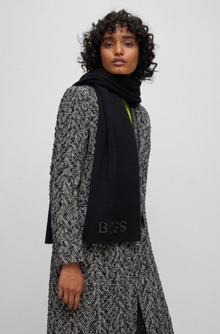 HUGO BOSS Ribbed scarf in virgin wool with embroidered logo Black 3