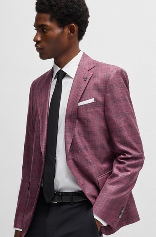 HUGO BOSS Slim-fit blazer in checked virgin wool blend Purple 5