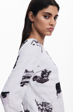DESIGUAL Teksturirana bluza z vzorcem in pentljami Bela - White / Black 4