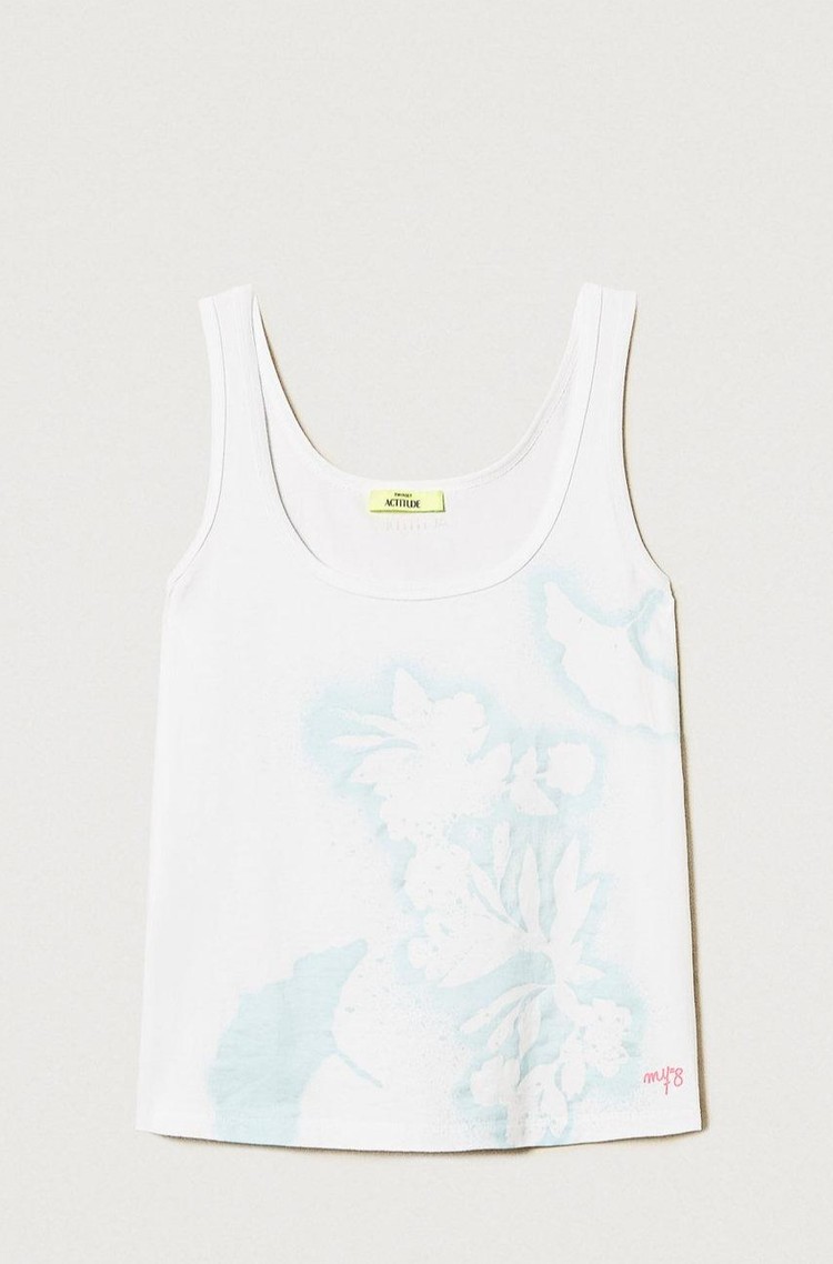 TWINSET Actitude x MYFO vest top with print Papers / Stencil Baby Blue Flower Print 