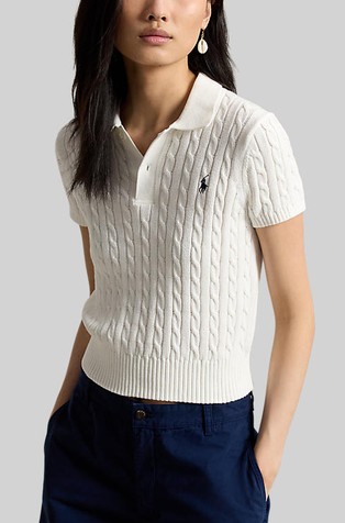 Cropped pletena bombažna polo majica s kratkimi rokavi