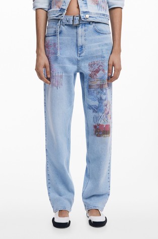 Jeans hlače s pasom in potiskom