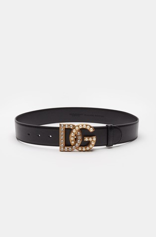 Calfskin belt with DG logo with rhinestones and pearls