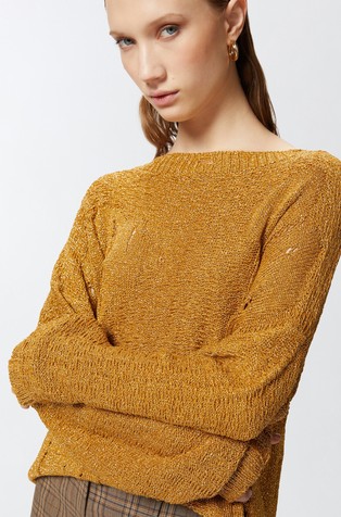 PINKO Long metallic jacquard sweater with tears Mustard / Pale Gold 4