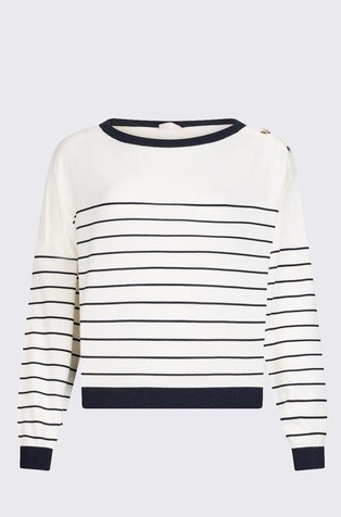 Črtast pleten pulover z dekorativnimi gumbi