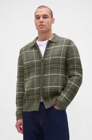 Moška pletena jopa s karirastim vzorcem