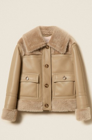 Leather effect jacket with faux fur trims