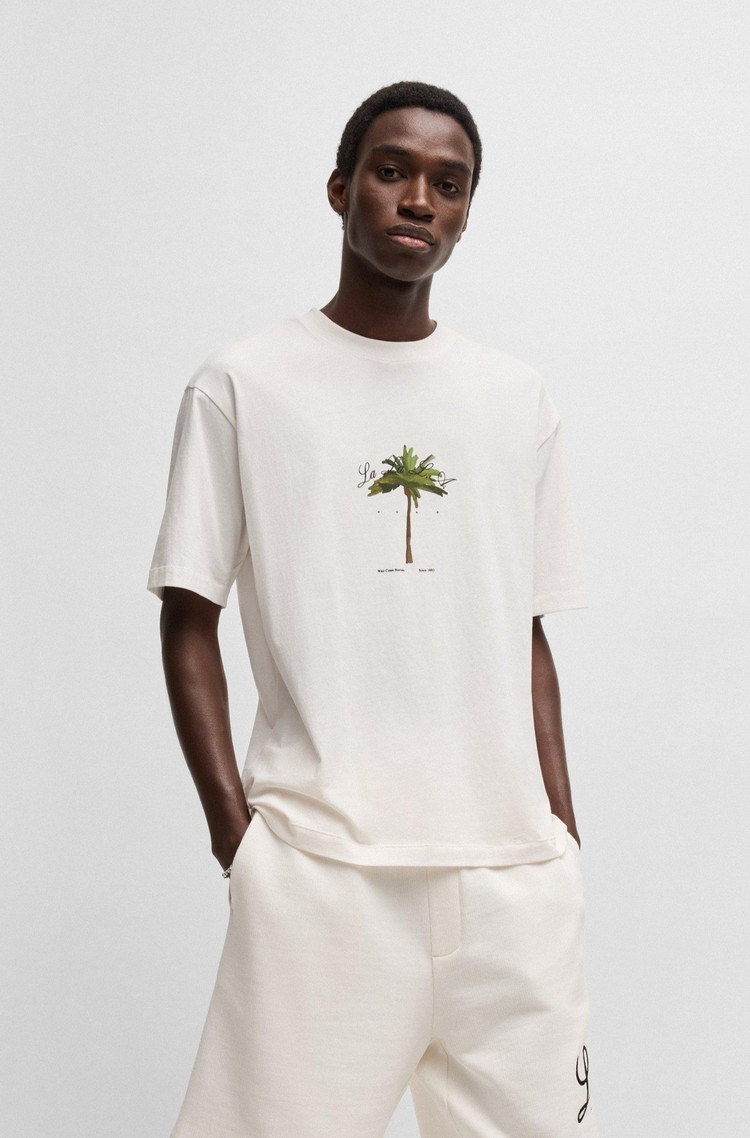 HUGO BOSS Cotton-jersey T-shirt with palm-tree print Natural 