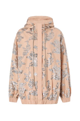Jakna s kapuco in cvetličnimi vezeninami iz bleščic
