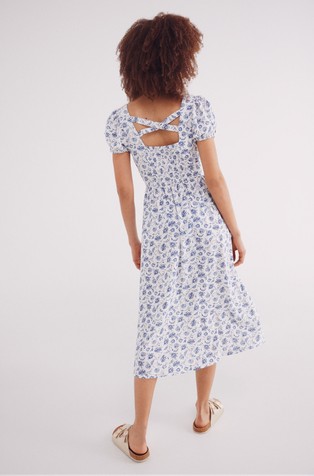 SPRINGFIELD Viscose and linen blend cross-back midi dress White / Blue 2