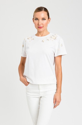 Bombažna majica s kratkimi rokavi in cvetličnimi dekoracijami
