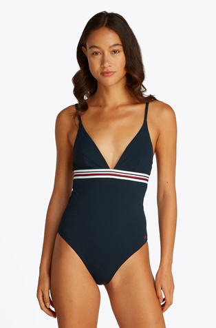 Global Stripe Plunge Neck Swimsuit