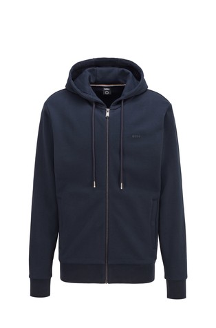 HUGO BOSS Bombažna jopa s kapuco in gumiranim logotipom Modra - Dark Blue 4